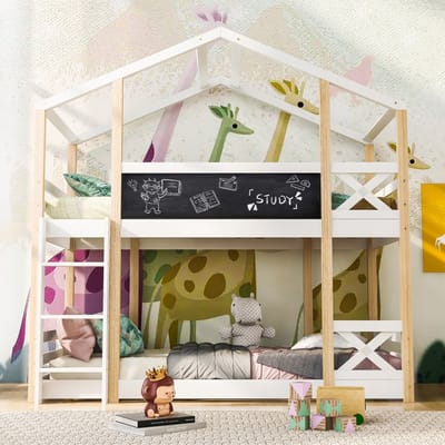 Kinderbed Boomhut met Ladder 90x200 cm, Hoogbed voor Kinderen-2x Lattenbodem-Natuur & Wit