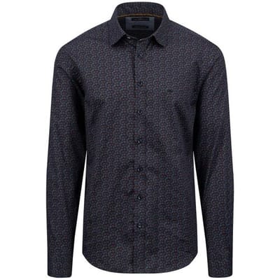 Fynch-Hatton Overhemd Mini Leaves Pattern Kent Collar Navy / male