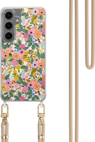 Casimoda® hoesje met koord - Geschikt voor Samsung S24 - Pink Garden - Afneembaar koord - TPU/polycarbonaat - Roze