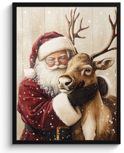 Poster in lijst - Fotolijst 60x80 cm - Posters - Kerstman - Rendier - Sneeuw - Kleurrijk - Posterlijst zwart - Decoratie - Wanddecoratie woonkamer - Muurdecoratie slaapkamer - Kerstversiering - Kerstdecoratie voor binnen - Kerstmis