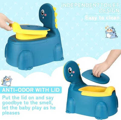 Potje voor kinderen, kinderpotje, kindertoilet, leren, toilet, babytoilet, dinosaurus, thema's, potty toilet, babypotje, training, draagbaar met rugleuning (blauw)