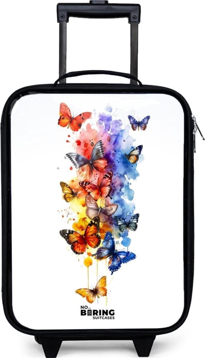NoBoringSuitcases.com® - Kinderkoffer jongen - Kindertrolley meisje - Vlinderzwerm - Koffer kind lichtgewicht - Reiskoffer trolley voor kinderen - Koffertje met lichtgevende wieltjes - Rolkoffer zwart