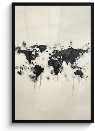 Poster in lijst - Fotolijst 60x90 cm - Posters - Wereldkaart - Zwart - Inkt - Posterlijst zwart - Decoratie - Wanddecoratie woonkamer - Muurdecoratie slaapkamer