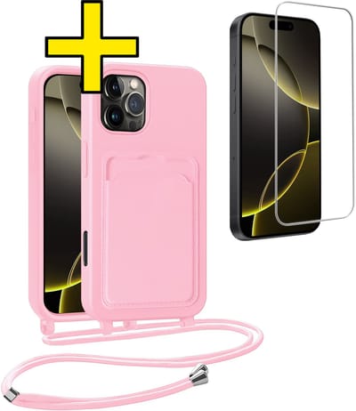 Hoesje Geschikt voor iPhone 16 Pro Telefoonhoesje Met Koord Case Pashouder Met Screenprotector Siliconen - Hoes Geschikt voor iPhone 16 Pro Hoesje Met Kaarthouder - Lichtroze