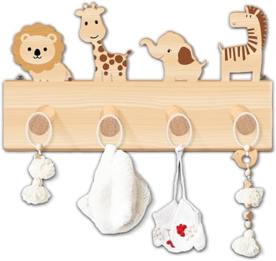 SNJY® Kinderkapstok - Kapstok Kind - Kinderkast - 4 Haaks - Dieren - 40x20 cm - Bruin