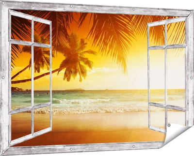 Gards Tuinposter Doorkijk Tropisch Strand tijdens Zonsondergang - 150x100 cm - Tuindoek - Tuindecoratie - Wanddecoratie buiten - Tuinschilderij