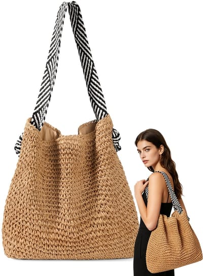 Strotas voor Dames – Boho Crossbody & Schoudertas met Verstelbare Schouderriem – Magneetsluiting en Binnenvak – Geweven Strandtas voor Vakantie en Winkelen - Bruin