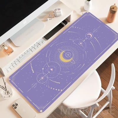 Grote, schattige paarse gamingmuismat met maanfase, magische Celestia muismat, antislip bureauonderlegger, laptopaccessoire 30x60cm with edge