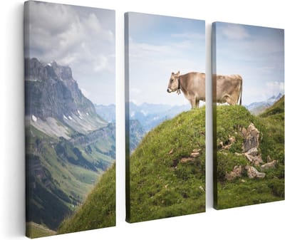 Artaza Canvas Schilderij Drieluik Koe In De Bergen - 120x80 - Foto Op Canvas - Canvas Print