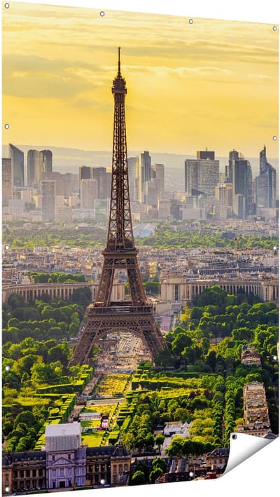 Gards Tuinposter Skyline van Parijs met de Eiffeltoren - 120x180 cm - Tuindoek - Tuindecoratie - Wanddecoratie buiten - Tuinschilderij