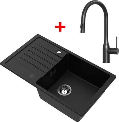 CECIPA max Spoelbak Antraciet 78x45CM - Granieten Spoelbakken Keuken Met Uittrekbare Uitloop Keukenkraan - Enkele Spoelbak - Spoelbak Met Afdruiprek - Spoelbakken Incl. Sifon en Afvoerzeefje