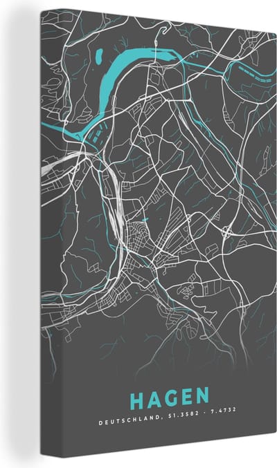 Canvas Schilderij Kaart – Plattegrond – Stadskaart – Hagen – Duitsland – Blauw - 20x30 cm - Wanddecoratie