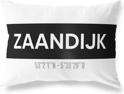 Tuinkussen ZAANDIJK - NOORD-HOLLAND met coördinaten - Buitenkussen - Bootkussen - Weerbestendig - Jouw Plaats - Studio216 - Modern - Zwart-Wit - 50x30cm