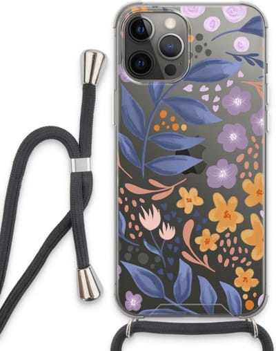 Case Company® - Hoesje met koord geschikt voor iPhone 13 Pro Max hoesje met Koord - Flowers with blue leaves - Telefoonhoesje met Zwart Koord - Bescherming aan alle Kanten en Over de Schermrand
