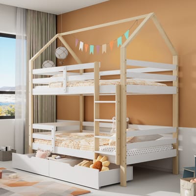 MODFU - Kinderbed 90x200 cm – Wit/eiken met huisdesign & lades – Massief grenenhout