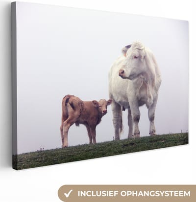 Canvas Schilderij Koeien - Bruin - Wit - Mist - 90x60 cm - Wanddecoratie