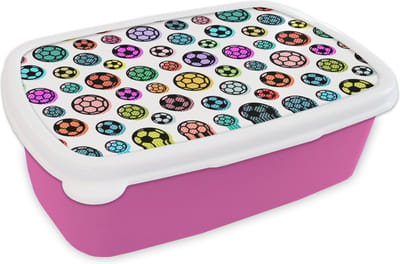 Broodtrommel Roze - Lunchbox - Brooddoos - Patronen - Voetbal - Sport - Jongens - Kinderen - Kids - 18x12x6 cm - Kinderen - Meisje