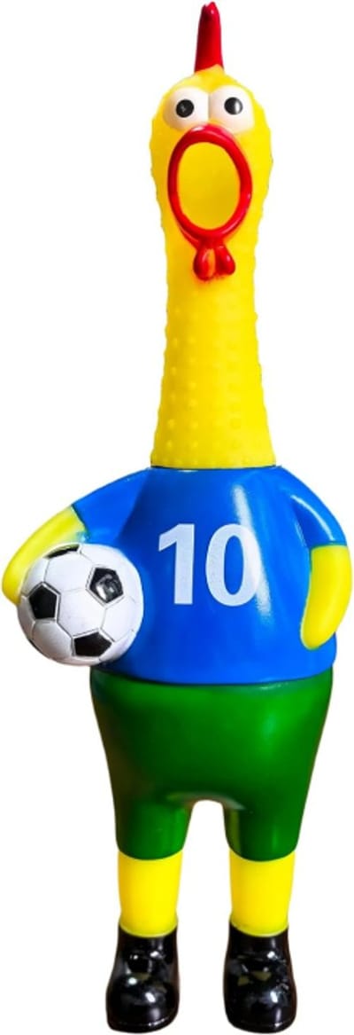 Oneay Gillende Voetbal Kip 32 cm – Piepende Rubberen Kip met Voetbal, Grappig Speelgoed, Stressspeeltje en Cadeau voor Voetbalfans, Kinderen en Volwassenen,1 stuk (Blauw)