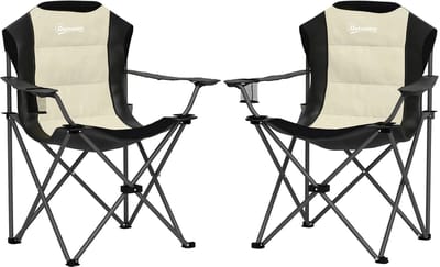 Emvae Campingstoel - Klapstoel - Set van 2 - Hoge Rugleuning 62 cm - Hoge kwaliteit 600D Oxford - Bekerhouder - 120 kg - Crème Wit