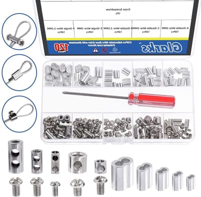 121-delige RVS Kabelclip Klem en Aluminium Krimp Plus Mof Assortiment Kit voor Kabelbevestiging, Dubbel of Enkel Gat met Eindschroefstopper en Kabelmof