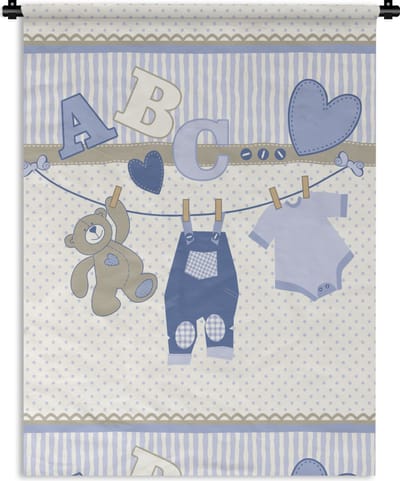 Wandkleed - Wanddoek - Baby kleren - Waslijn - Teddybeer - Patroon - 90x120 cm - Wandtapijt
