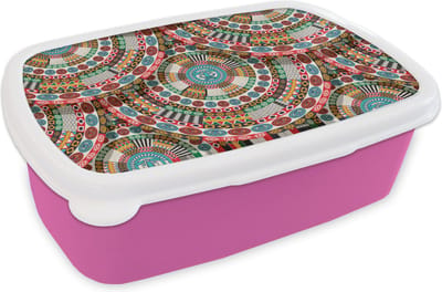 Broodtrommel Roze - Lunchbox - Brooddoos - Tegel - Azteken - Cirkels - Patronen - 18x12x6 cm - Kinderen - Meisje