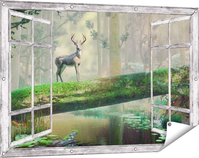 Gards Tuinposter Doorkijk Hert in het Bos op een Boom - 120x80 cm - Tuindoek - Tuindecoratie - Wanddecoratie buiten - Tuinschilderij