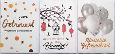 3 Wenskaarten - Huwelijk - … Jaar Getrouwd – Hartelijk Gefeliciteerd - 12 x 17 cm – GET-309
