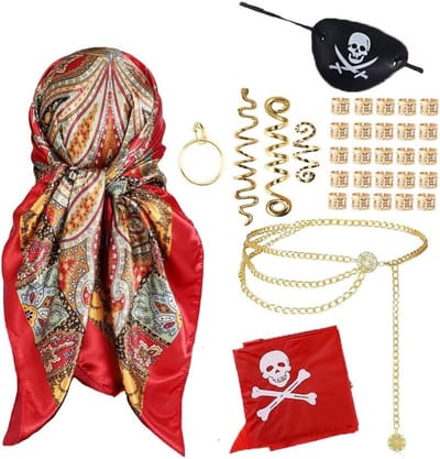 Set van 6 piratenaccessoires voor vrouwen - Bandana, riem, ketting, oorbellen, ring en ooglapje voor een compleet piratenkostuum