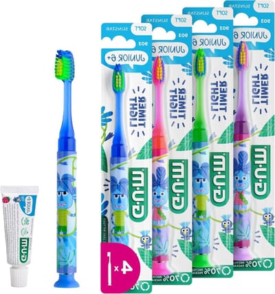GUM Light-UP tandenborstel | Knipperende timer | Helpt kinderen op het juiste moment te poetsen | Zachte borstelharen | Zuigkap | 1 stuk | 4 x 1 stuks (met 1 bonusvoorbeeld)
