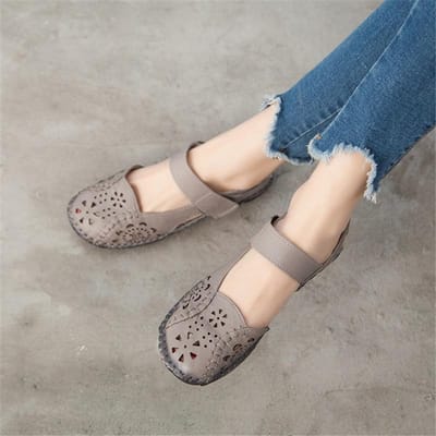 Holle lederen ademende zachte platte sandalen zomer damesschoenen vrouw casual effen gesp dames sandalen 40 gray