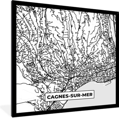 Fotolijst incl. Poster Zwart Wit- Stadskaart - Frankrijk - Kaart - Cagnes-sur-Mer - Plattegrond - Zwart wit - 40x40 cm - Posterlijst