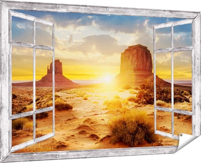 Gards Tuinposter Doorkijk Zonsondergang in Woestijn Monument Valley - 180x120 cm - Tuindoek - Tuindecoratie - Wanddecoratie buiten - Tuinschilderij