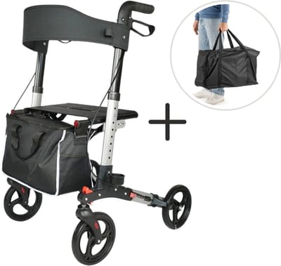 Rollator Plaza Lite - Lichtgewicht - Drie dubbel opvouwbaar - Anti-lek banden Soft Banden - Past in elke auto - Weegt 6,9 kg - Zilver - Inclusief boodschappentas, stokhouder en rugsteun- Inclusief transporttas