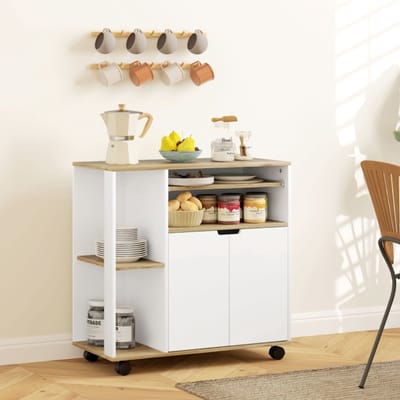 MODENUIT Keukenwagen - Met Werkblad, Kast En Verstelbare Plank - Voor Keuken En Eetkamer - Hout Wit - 80x40x82 Cm
