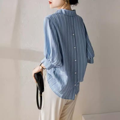 Losse en Vrije Achterlantaarnmouw Onregelmatig Gestreept Top 3XL blauw