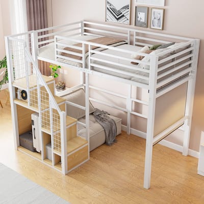DESMIU Hoogslaper 90cm*200cm - Eenpersoonsbed met trap en opbergruimte - Metalen kinderbed met hoge omranding - Voor jeugd en kinderkamer - Wit - Zonder matras