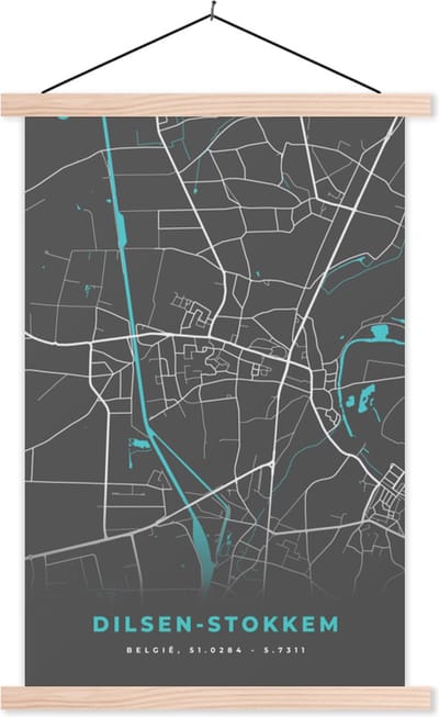 Posterhanger incl. Poster 40x60 cm - Schoolplaat - Stadskaart – Grijs - Kaart – Dilsen Stokkem – België – Plattegrond - Textielposter - Blanke latten - Stadskaart