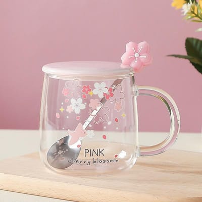 Meisjes met Hoge Hittebestendigheid  Hoog Borosilicaat  Deksel en Lepel  Kersenbloesem Glas  Hoge Waarde  Waterbeker met Grote Capaciteit  Ins Wind Beker 500ML gray