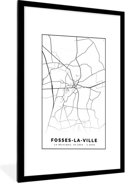 Fotolijst incl. Poster Zwart Wit- Plattegrond – Fosses la Ville – Zwart Wit – Stadskaart - Kaart - België - 60x90 cm - Posterlijst