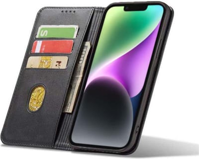 Smartphonica iPhone 14 kunstleren hoesje met magnetische sluiting en pashouders book case - Zwart geschikt voor iPhone 14