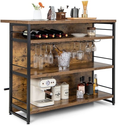 COSTWAY Huisbar kast, keukenrek met 4 open planken, wijnrek en glazenhouder, staand rek 120 x 60 x 101 cm, barkast met voetensteun en verstelbare voetkussens