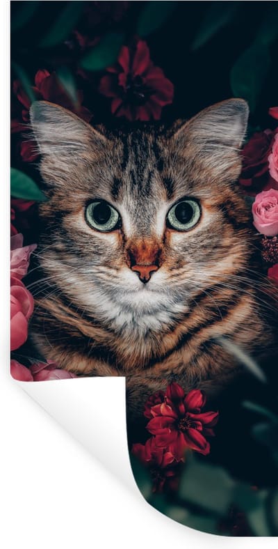 Muurstickers - Sticker Folie - Kat - Bloemen - Bladeren - Botanisch - 40x80 cm - Plakfolie - Muurstickers Kinderkamer - Zelfklevend Behang - Zelfklevend behangpapier - Stickerfolie