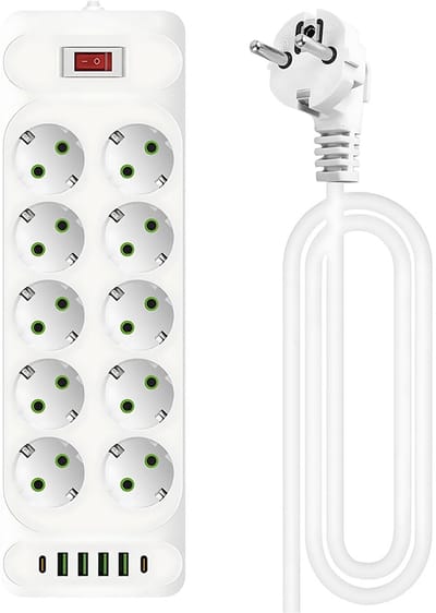 10-Voudige Stekkerdoos - Stekkerdoos met Schakelaar - Stekkerdoos met USB - USB-C 2500W Snellader - Antislip - Wit