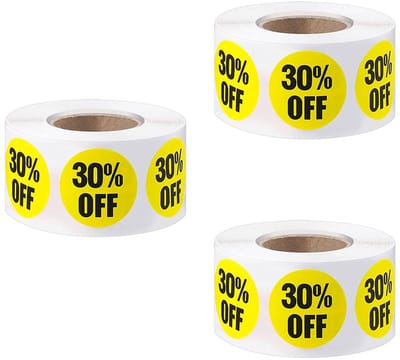 Promotionele labels - Kortingsstickers - Gele kortingsstickers - Zelfklevende stickers - 30% - Verpakking van 3 stuks