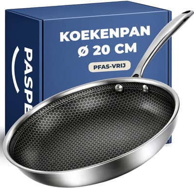 Pasper Koekenpan Ø 20 cm - PFAS & PTFE vrij - Inductie, Elektrisch, Keramisch & Gas - RVS Honingraat Anti-Aanbakpan