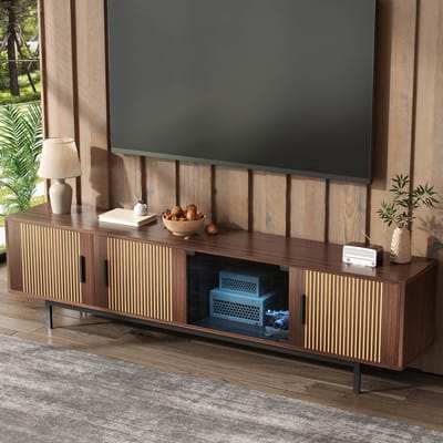 STILVORA Tv Meubel - Lowboard Met Led En Glazen Deur - Modern Design Voor Woonkamer - MDF En Spaanplaat - 200x35x53 Cm - Zwart;Walnootbruin