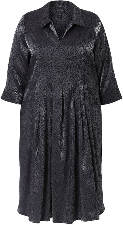 Ulla Popken - Dames - Midi-jurk jacquard-luipaardpatroon overhemdkraag - Zwart - Maat 42+