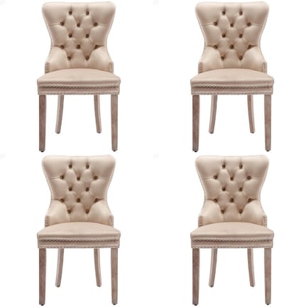 Set van 4 massief houten eetkamerstoelen met fluwelen bekleding, siernagels, geschikt voor de keuken of woonkamer, beige