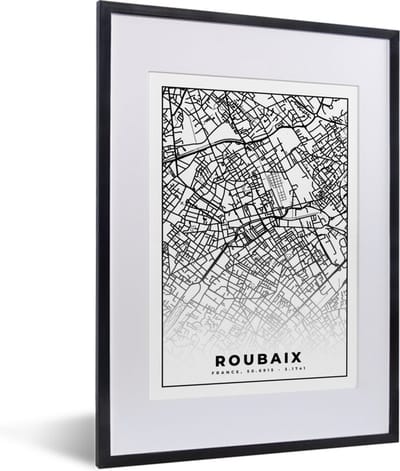 Fotolijst incl. Poster Zwart Wit- Kaart - Roubaix - Stadskaart - Frankrijk - Plattegrond - Zwart wit - 30x40 cm - Posterlijst
